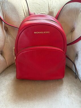 Michael Kors Backpack Abbey Medium Bag Red Pebbled Leather #0148 w/Dustbag